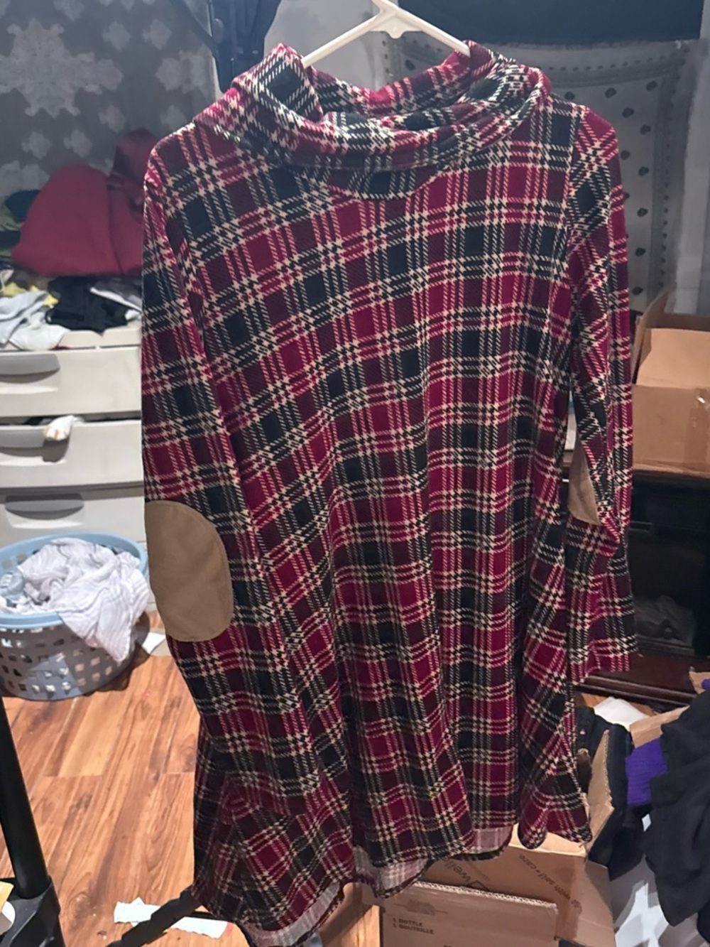 Plaid Turtleneck Dress with Elbow Patches